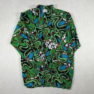 Vintage Pinto‎ England Mens Large Abstract Graphic Button Down Shirt Green Blue